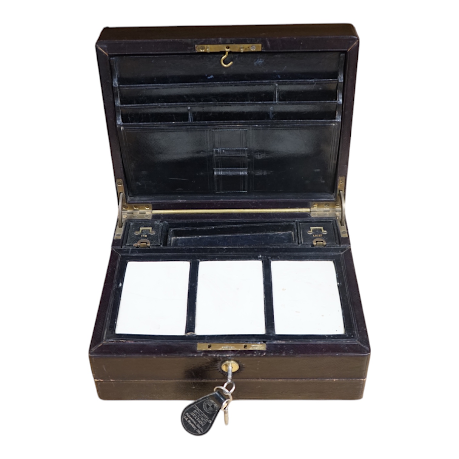 J.T. Needs, 128 Piccadilly, London, a travelling writing slope with Bramah Lock & Keys, 31cm wide. Condition - fair to good